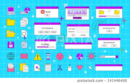 Retro window computer interface UI UX user software nostalgic OS purple design elements vector collection 141446488