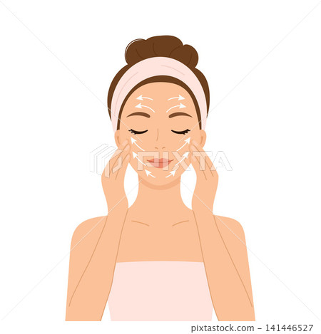 Young woman demonstrating facial massage technique with lifting massage lines on the face Young woman demonstrating facial massage technique with lifting massage lines on the face 141446527