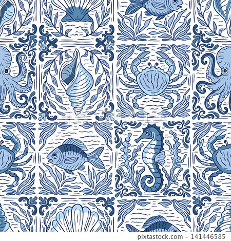 Mediterranean Sea Delft Tiles - Seamless Vector Tile Pattern with Seahorse, Octopus, Crabs, Shells and Fish in Handdrawn Vintage Sketch Ocean Design 141446585