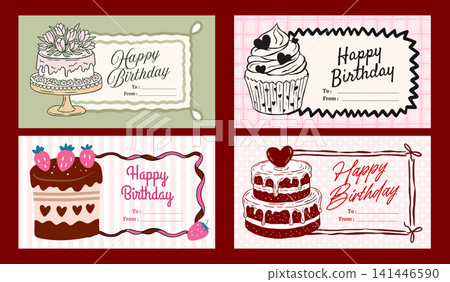Birthday Hand Drawn Doodle Sketch Tag Set With Cake, Cupcake, Cream, Strawberry, Tulips And Coquette Greeting Label Birthday Hand Drawn Doodle Sketch Tag Set With Cake, Cupcake, Cream, Strawberry, Tulips And Coquette Greeting Label 141446590