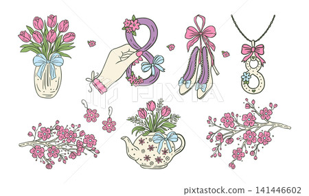 Spring Hand Drawn Doodle Sketch Set With Tulips, Sakura, Shoes, Necklace, Coquette 8 March Womens Day Collection Spring Hand Drawn Doodle Sketch Set With Tulips, Sakura, Shoes, Necklace, Coquette 8 March Womens Day Collection 141446602
