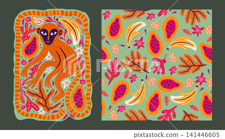 Whimsical Monkey Exotic Vintage Seamless Pattern Background Tropical Jungle Poster Set Boho Vector Collection Whimsical Monkey Exotic Vintage Seamless Pattern Background Tropical Jungle Poster Set Boho Vector Collection 141446605