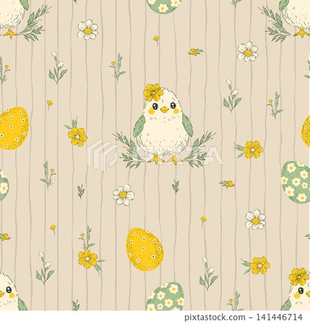 Easter Birds Seamless Pattern Eggs Flowers Stripes Whimsical Handdrawn Bird Spring Background 141446714