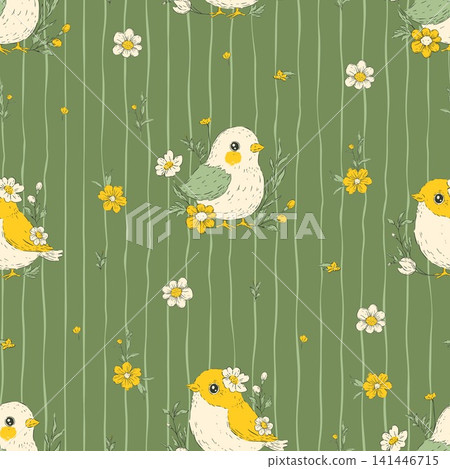 Easter Birds Seamless Pattern Eggs Flowers Stripes Whimsical Handdrawn Bird Spring Background 141446715