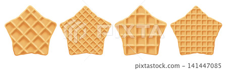 Star waffle pancake cracker, wafer crepe stroopwafel. Brunch icon and circle cookie vector, croffle christmas graham. Emoji vanilla caramel, sweet syrup snack 3d, realistic biscuit texture. Honey cake 141447085