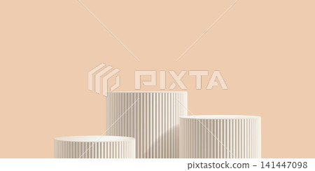 3d podium beige bg, product sale platform. Elegant premium white marble pedestal for cosmetic skincare ads. Three level stand in gradient mockup, cylinder empty abstract base. Minimal textured stair 141447098