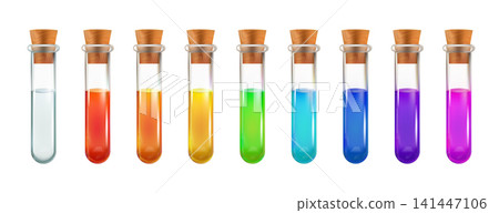 3d test tube, chemistry lab glass bottle. Witch magic potion flask, laboratory beaker vector icon. Science vial medical equipment, isolated poison antidot elixir. Realistic glassware with color water 3d test tube, chemistry lab glass bottle. Witch magic potion flask, laboratory beaker vector icon. Science vial medical equipment, isolated poison antidot elixir. Realistic glassware with color water 141447106