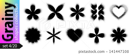 Abstract grainy shapes with gradient stenciled flower heart, black dotted noise. Bloom spray pattern with star burst, sun vector texture. Sand stipple of grunge brush dust and gradation circle fade Abstract grainy shapes with gradient stenciled flower heart, black dotted noise. Bloom spray pattern with star burst, sun vector texture. Sand stipple of grunge brush dust and gradation circle fade 141447108
