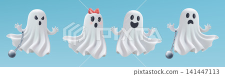 3d vector ghost halloween. Cute character icon set, spooky scary happy cartoon monster illustration isolated. Girl face, funny emoji element. Funny party invitation design set. Black friday sale trick 3d vector ghost halloween. Cute character icon set, spooky scary happy cartoon monster illustration isolated. Girl face, funny emoji element. Funny party invitation design set. Black friday sale trick 141447113