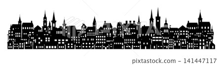 Town silhouette, city skyline, roofs of buildings, factories, churches and houses in night cityscape aerial vector illustration. 141447117