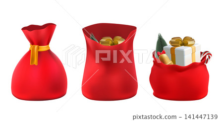 3D Santa Claus gift bag with gold ribbons, secret holiday box element. Christmas sack, happy new year ornament on winter bg. Xmas tree delivery, lucky bell present, noel decoration. Traditional bundle 3D Santa Claus gift bag with gold ribbons, secret holiday box element. Christmas sack, happy new year ornament on winter bg. Xmas tree delivery, lucky bell present, noel decoration. Traditional bundle 141447139