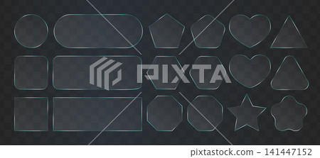 Crystal glass transparent film badge. Hexagon mirror glossy shape, triangle infographic blur. Star acryl text box, heart plastic button. Translucent ellipse, flat frame overlay. Gradient screen shape 141447152