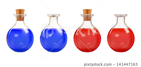 Lab blood test tube, volume 3d potion bottle. Liquid glass flask, magic bulb rpg game. Chemical laboratory beaker, medieval elixir pot. Medical vial isolated vector. Apothecary experiment equipment 141447163