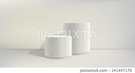 White round poduim bg, ribbed column pillar 3d render. Two grey bases. Product discount marble stand, fluted elegant pedestal on pastel limbo. Cosmetic promotion empty stage, museum exhibition display White round poduim bg, ribbed column pillar 3d render. Two grey bases. Product discount marble stand, fluted elegant pedestal on pastel limbo. Cosmetic promotion empty stage, museum exhibition display 141447176
