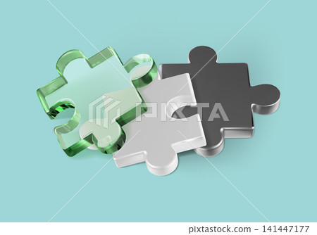 3D transparent glass puzzle pile with metal white and blue pieces. Realistic isometric render, assemble logic part and join fragment. Constructor game for outstanding mission and consulting challenge 3D transparent glass puzzle pile with metal white and blue pieces. Realistic isometric render, assemble logic part and join fragment. Constructor game for outstanding mission and consulting challenge 141447177