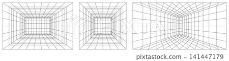 Line grid bg of 3d room floor space. Game abstract pattern in retro digital perspective. Futuristic tech vector texture, black white graphic with virtual wires. Neon tunnel design, geometric 90s shape Line grid bg of 3d room floor space. Game abstract pattern in retro digital perspective. Futuristic tech vector texture, black white graphic with virtual wires. Neon tunnel design, geometric 90s shape 141447179