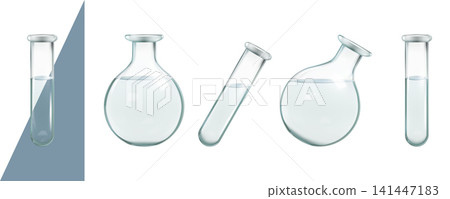 Transparent test tube, water bottle for chemical analysis. 3d lab flask liquid container, chemistry laboratory isolated equipment. Pure or dirty water biologic disease research. Medical glassware jar 141447183