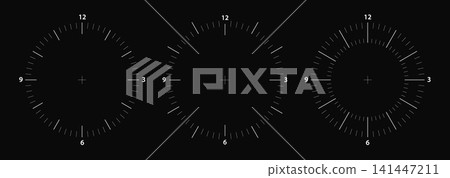 Compass clock face, earthquake radar screen. Pulse measure, focus timer scale. Light dial effect on military timeline watch. 360 gps sonar direction hud with outline interface. Vintage analog clock 141447211