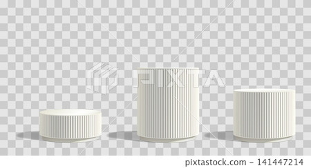 Marble sculpture podium bg, 3d pillar product stand. Set of three cylinder isolated. White pedestal, elegant platform. Pastel cosmetic museum stage, exhibition display base. Silver luxury circle 141447214
