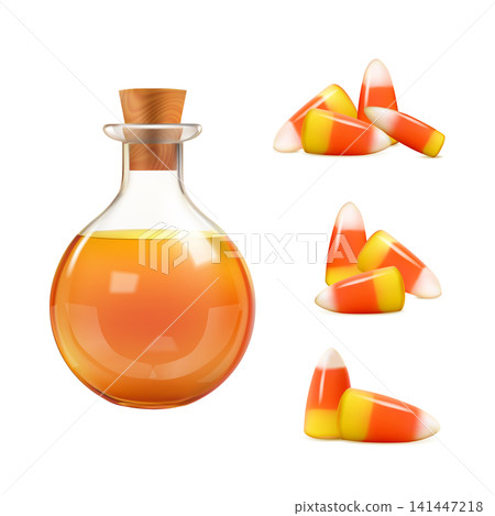 3d halloween witchcraft. Orange potion bottle and sweet candy corns isolated on white bg. Realistic render png set, cute trick or treat choice illustration. Gummy sugar or magic liquid bottle 3d halloween witchcraft. Orange potion bottle and sweet candy corns isolated on white bg. Realistic render png set, cute trick or treat choice illustration. Gummy sugar or magic liquid bottle 141447218