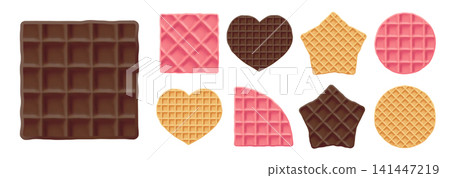 Wafer chocolate biscuit and creamy star cake, sweet crispy waffel. Waffle pink texture pattern and icecream cone cookie, 3d vector illustration. Round belgian dessert, heart shape realistic bakery Wafer chocolate biscuit and creamy star cake, sweet crispy waffel. Waffle pink texture pattern and icecream cone cookie, 3d vector illustration. Round belgian dessert, heart shape realistic bakery 141447219