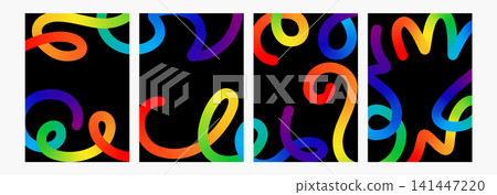 Color blend vector curved line set. Colour splash fluid shape doodle element. Gradient flow brush, squiggly scribble, happy birthday party direction sign. Bright stroke carnival confetti spiral swirl. 141447220