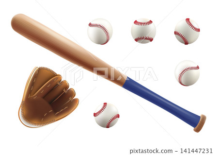 Baseball ball, bat glove realistic vector isolated. White softball, 3d wood stick, player base equipment clipart. Wooden vintage tool, american field sport game, brown leather pitcher catcher mitten Baseball ball, bat glove realistic vector isolated. White softball, 3d wood stick, player base equipment clipart. Wooden vintage tool, american field sport game, brown leather pitcher catcher mitten 141447231