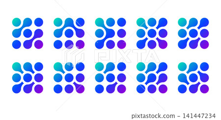 Metaball neuron logo, molecule and atom circle stucture concept. Neuron links in brain liquid blobs and nucleus medical pattern. Artificial fluid shape integrated into organic forms. Wavy energy line 141447234