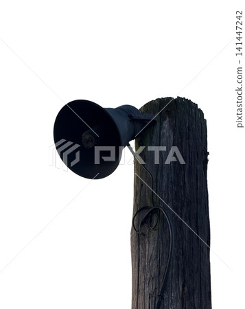 Vintage megaphone on a weathered wooden pole PNG , isolated on transparent background Vintage megaphone on a weathered wooden pole PNG , isolated on transparent background 141447242
