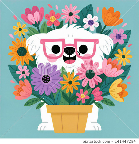A fluffy white dog peeks out from a vibrant flower arrangement. A fluffy white dog peeks out from a vibrant flower arrangement. 141447284