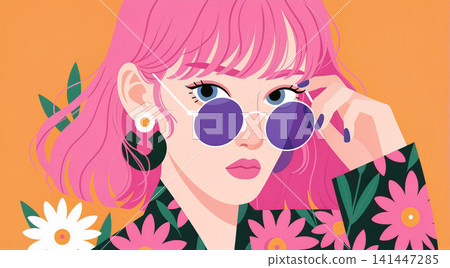 A vibrant portrait of a young woman with pink hair and floral attire. A vibrant portrait of a young woman with pink hair and floral attire. 141447285