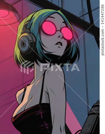 A stylized illustration of a young woman with vibrant green hair and headphones, set against a backdrop of neon lights and industrial elements. 141447286