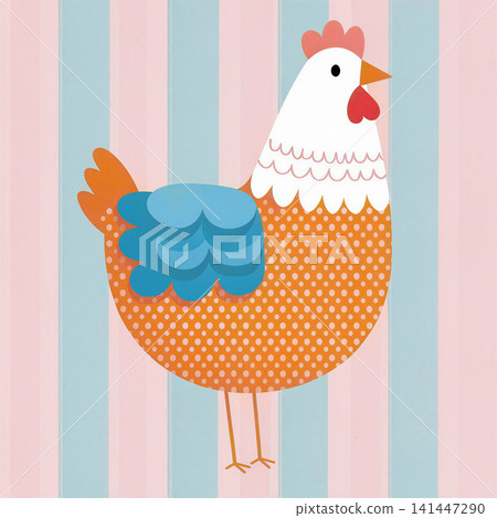 A charming illustration of a chicken against a striped background. 141447290