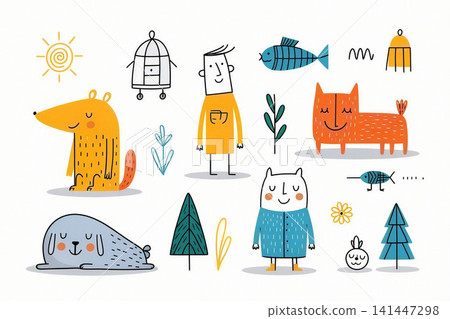 A playful illustration featuring a collection of charming woodland creatures and natural elements. A playful illustration featuring a collection of charming woodland creatures and natural elements. 141447298
