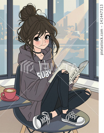 A young woman enjoys a quiet moment reading in a stylish, modern setting. A young woman enjoys a quiet moment reading in a stylish, modern setting. 141447313