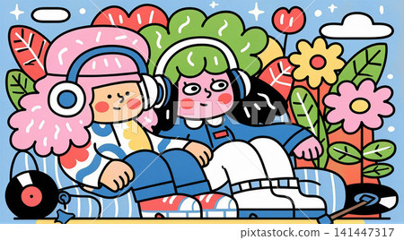 Two friends relax in a vibrant, stylized garden scene, enjoying music together. Two friends relax in a vibrant, stylized garden scene, enjoying music together. 141447317