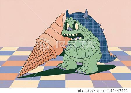 A whimsical illustration of a green monster devouring an ice cream cone. A whimsical illustration of a green monster devouring an ice cream cone. 141447321