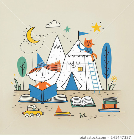 A whimsical illustration depicting a child immersed in a book, surrounded by elements of fantasy and adventure. A whimsical illustration depicting a child immersed in a book, surrounded by elements of fantasy and adventure. 141447327