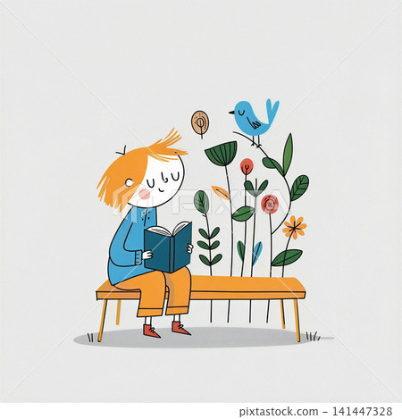 A whimsical illustration of a young boy engrossed in a book, surrounded by nature. A whimsical illustration of a young boy engrossed in a book, surrounded by nature. 141447328