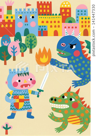 A whimsical illustration of a knight facing off against a dragon in a vibrant, stylized landscape. A whimsical illustration of a knight facing off against a dragon in a vibrant, stylized landscape. 141447330