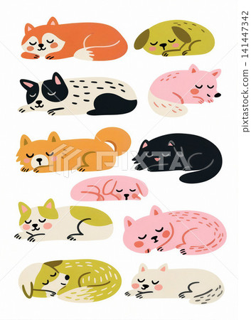 A collection of adorable, stylized animal illustrations sleeping peacefully. 141447342