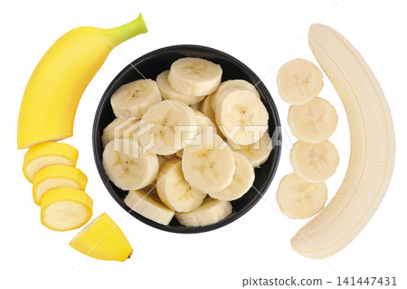 peeled banana pieces in ceramic bowl isolated on white background. Top view. Flat lay. peeled banana pieces in ceramic bowl isolated on white background. Top view. Flat lay. 141447431