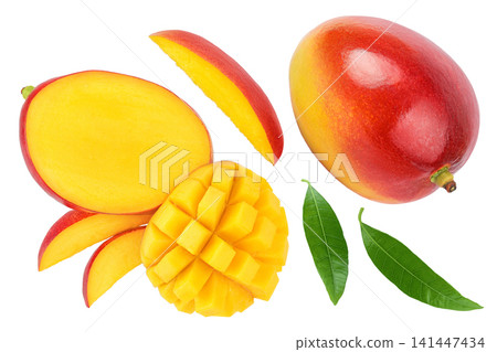 mango slices isolated on white background with full depth of field. Top view. Flat lay 141447434