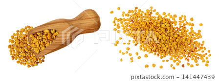 Bee pollen grains in wooden scoop isolated on white background. Top view. Flat lay Bee pollen grains in wooden scoop isolated on white background. Top view. Flat lay 141447439