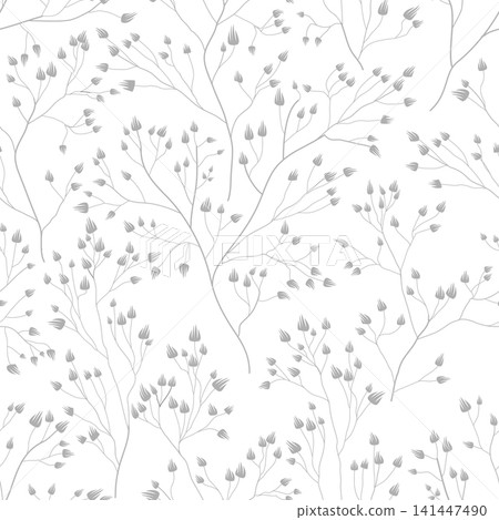 Flourish seamless pattern. Branch, flowers, leaves gentle spring nature texture. Floral garden textured background with leaf and meadow flower Flourish seamless pattern. Branch, flowers, leaves gentle spring nature texture. Floral garden textured background with leaf and meadow flower 141447490