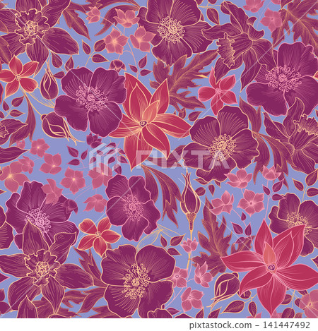 Floral seamless pattern. Flower background. Flourish garden texture with flowers. Floral seamless pattern. Flower background. Flourish garden texture with flowers. 141447492
