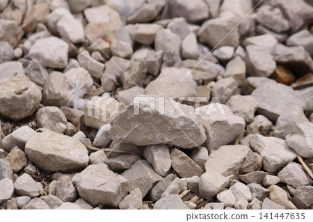 Washed dolomite gravel in beige, grey, and cream tones used for landscape design applications. Washed dolomite gravel in beige, grey, and cream tones used for landscape design applications. 141447635