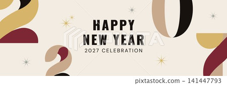 Elegant New Year 2027 banner with cropped decorative numerals, champagne palette, stars and clean typography. Festive template for greetings, invitations, web headers and holiday promotions. Elegant New Year 2027 banner with cropped decorative numerals, champagne palette, stars and clean typography. Festive template for greetings, invitations, web headers and holiday promotions. 141447793