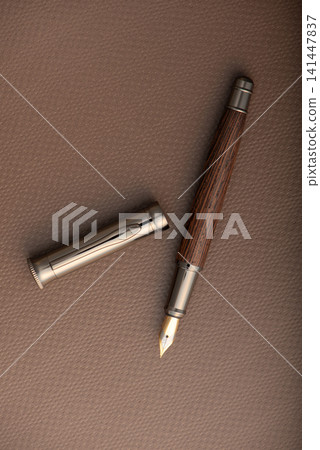 Fountain pen, beautiful fountain pen with detailed design on a brown synthetic leather surface, selective focus. Fountain pen, beautiful fountain pen with detailed design on a brown synthetic leather surface, selective focus. 141447837
