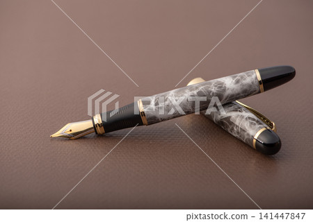 Fountain pen, beautiful fountain pen with detailed design on a brown synthetic leather surface, selective focus. Fountain pen, beautiful fountain pen with detailed design on a brown synthetic leather surface, selective focus. 141447847